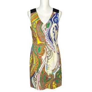 Trina Turk Sheath Dress Size 8 Yellow Blue Sleeveless Paisley Resort Artsy